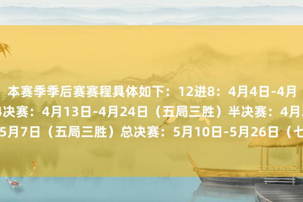 本赛季季后赛赛程具体如下：12进8：4月4日-4月11日（三局两胜）1/4决赛：4月13日-4月24日（五局三胜）半决赛：4月26日-5月7日（五局三胜）总决赛：5月10日-5月26日（七局四胜） 发布于：北京市体育集锦